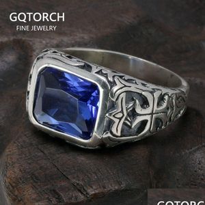 Полосы кольца настоящий чистый 925 стерлинговый спер для мужчин синий натуральный хрустальный камень кольцо кольцо винтажное полое гравированный цветок