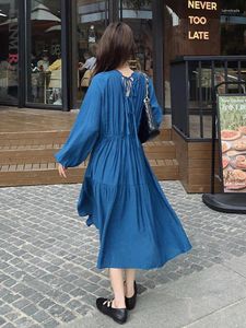 Casual Dresses Lanmrem Fashion Blue Women's Dress Round Neck Lantern Sleeves A-Line Versatile 2024 Spring Clothing 2DA4215