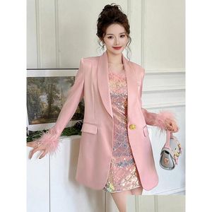 Frauenanzüge Blazer Damen süße französische losen Anzugmantel Frauen elegant süße rosa Satinfell Manschette Taschen Jacken formelle Geschäfte BL DHCKL