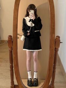 Work Dresses French Doll Neck Jacket Skirt Two-piece Set Women Fashion Lace Patchwork Contrast Color Korean Slim Spring Celebrity Chic Suit