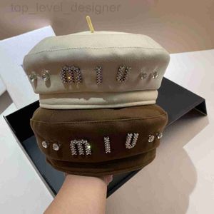 Berets designer Korean version of light luxury niche water diamond letter beret, spring and autumn medium thick matte octagonal hat, fashionable sweet painter hat 1VO