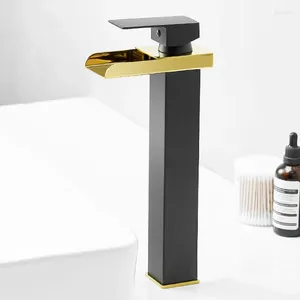 Bathroom Sink Faucets Black Gold Brass Waterfall Basin Faucet Square Vanity Mixer & Cold Lavotory Tap Single Handle