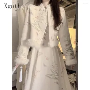 Arbetsklänningar xgoth ins kvinnor klänning set vinter kinesisk stil retro förbättrad cheongsam blommig lapptäcke korta jacka kvinnliga kläder