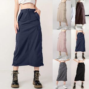 Skirts For Women 2024 Women's High Waist Slim Casual Side Drawstring Pleated Tooling Half Skirt Slit Aline Christmas