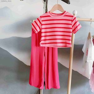 Hose Sommermädchen Kleidung Sets Girls Fashion Kids Outfit gestreift hoch taillierter Top +Wide-G Hosen 2pcs Baby Kinder Kleidung Anzug L46