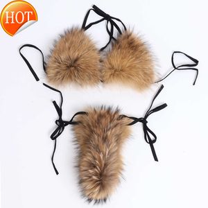 مصمم مثير بيكيني مجموعات 2024 أزياء جديدة للسيدات Yoloagain نساء Natural Raccoon Fur Fur Real Sexy Set Bra Detachable 230313