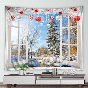 Wandteppiche Winter Landschaft Wandtee weiße Fensterwaldzedern Bäume Weihnachtsbällchen Jahr Weihnachtswand Hanging Home Wohnzimmer Bettdekoration