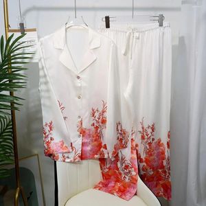 Hemkläder 2024 Våren nattkläder kvinnor äkta siden pijamas tryck blommor sömnkläder pajamas kostym 2 st.