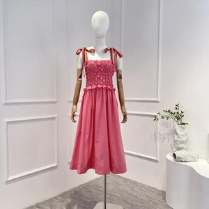 Casual Dresses 2024 Summer Latest Pink Sweet Style Graceful Lace Up Shirring Ruffle Sleeveless Midi Dress For Women Cute Girl Dating Outfit