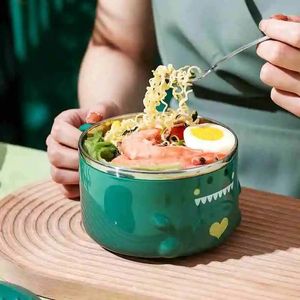 Tecknad söt dinosaurie Instant Noodle Bowl Stainfritt stål med lock stora fruktsalladskål Student sovsal bärbar lunchlåda