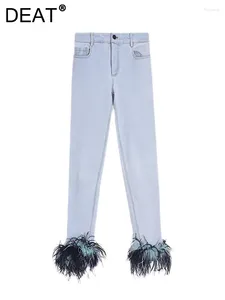 Kvinnors jeans denim byxor smala hög midja lapptäcke fjädrar sträcker fotledslängd blyerts 2024 Autumn Fashion 29L3893