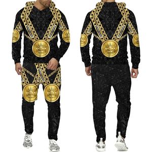 Męskie spodnie z kapturem Suit Leopard Złoty wzór Zestaw sportowy 3D Druku