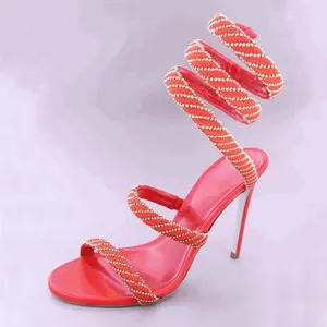 Отсуть туфли EST Crystal украшенная змеем намотки на высоких каблуках розовая белая черная растяжка ткани.