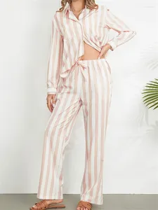 Home Clothing CHRONSTYLE Women Striped Print 2 Pieces Pajama Sets Long Sleeve Button Down Shirts Tops With Pockets Pants Sleep Loungewear