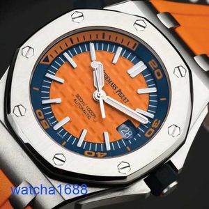 Promi AP Armband Uhr Royal Oak Offshore -Serie 15710st Precision Stahl Viertel Orange Platte Back Transparent Herren Mode Freizeit Business Sports Diving Watch