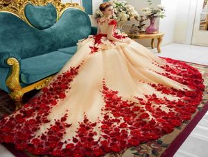 Red Romantic Princess Wedding Gowns Illusion Neck Beaed 3DFloral Appliques Cap Sleeve Bridal Dresses Gorgeous Cathedral Train Wed1398333