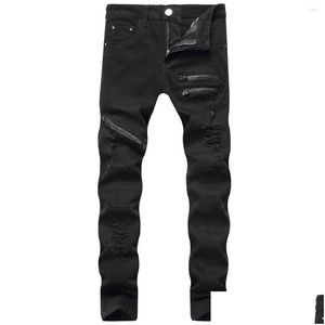 Men'S Jeans Mens Ripped Fashion Pencil Solid Color High Waist Trousers Zipper Design Close-Fitting For Men Drop Delivery Apparel Clot Dhzqa