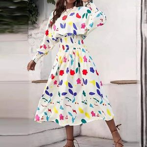 Casual Dresses Holiday Beach Printed A-Line Long Dress Women 2024 Spring O Neck Elastic Waist Party Autumn Sleeve Loose Boho