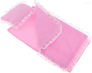 Sängkläder sätter handgjorda rosa rutiga rufsade uppsättningar med täckkudde och ark för mellchan dockor