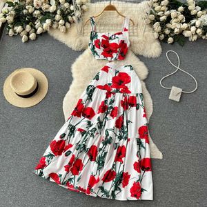 Dress Two Piece Summer Runway Sicily Floral Matching Outfits Women's Short Spaghetti Strap Crop Top Long Maxi Vacation Skirt 2 Set 2024 03 04