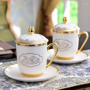 Mugs Chinese Style Teacup With Lid Saucer Large Capacity Mug Water Cup Office Home Coffee And Tea Tableware Tumbler Drinking Utensils