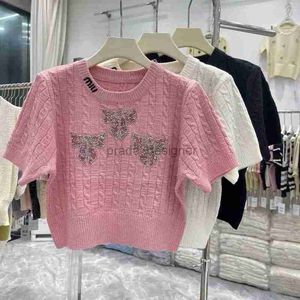 Designer women's sweater MIUI New Water Diamond Bow Sweet Round Neck Knitted Short sleeved T shirt Women's Fashion