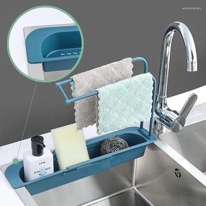 Kitchen Storage Sink Rack Adjustable Drain Basket Washing Bowl Sponge Holder Bathroom Organization With Towel Bar