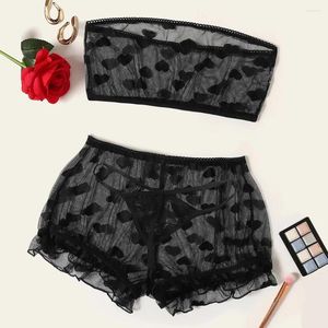 Bras Sets Fashion Women'S Sexy Lace Set Perspective Wave Point Bra Women Tube Top Shorts Thong Sheer Lingerie Pajamas 2024