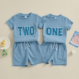 Clothing Sets 2024-02-29 Lioraitiin Born Baby Boy Summer Clothes Set One Two Birthday Outfit Short Sleeve T-Shirt Waffle Shorts