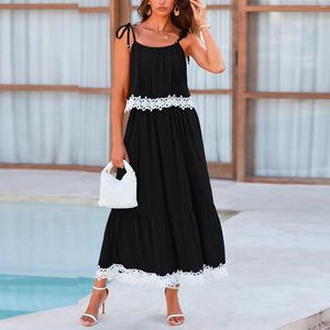 Casual Dresses Summer Suspender Round Neck Dress Black Long Skirt Fashion Vacation Style Lace Belt Beach Sundress