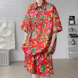 Testros masculinos 2024 Roupas de praia de verão para homens 2 Peças Conjunto de roupas masculinas Camisas impressas e shorts