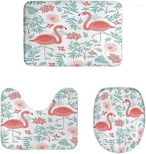 Bath Mats Pink Flamingos Bathroom Rugs Set 3 Piece Exotic Bird Floral Tropical Green Leaf Plant Mat Anti-Skid Bathtub Toilet Rug