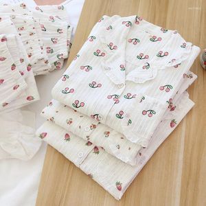 Home Clothing Women's Sweet Long Sleeves Pants Lace Lapel Pockets Printing Pajamas Loose And Casual Cotton Gauze Sleepwear