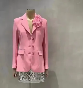 Ternos femininos de luxo de luxo, tridimensional rosa rosa blazer real forro de seda de seda longa bordado de jaqueta branca esbelta