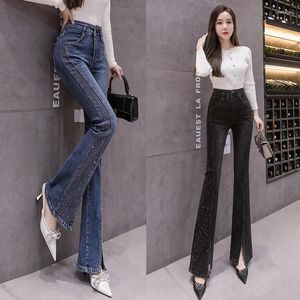 Jeans feminino rrhinestones flare senhoras skinny dividir retalhos de retalhos de bota de jeans calças de moda mujer para mulheres 2024 preto