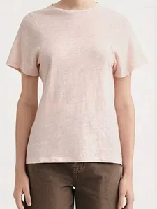 여자 T 셔츠 여성 편지 자수 자수 린넨 티셔츠 캐주얼 한 단색 짧은 소매 여성 구부러진 시밍 Tshirts 여름 2024