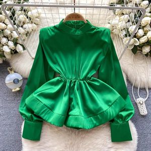 Women's Blouses Luxury Women Spring Summer Court Sytle Satin Ruffles Shirt O Neck Puff Sleeve Elastic Waist Black White 5 Color Tops