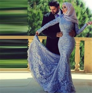 Sukienki muzułmańskie sukienki wieczorne z długimi rękawami koronkowe aplikacje hidżab Dubai kaftan sukienka syrena wieczorna suknie vestido de renda vestidos de de de de vestidos