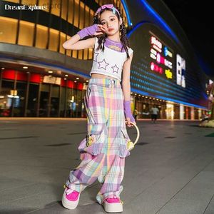 Trousers Girls Streetwear Hip Hop Crop Top Sweet Cargo Pants Child Fashion Solid Joggers Kids Street Dance Jazz Catwalk Show Clothes Sets L46