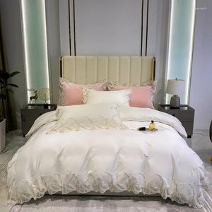 Sängkläder sätter franska lyxiga spetsar broderier vit rosa blå egyptisk bomullssatin set täcke täcke sängkläder monterade lakan kuddar