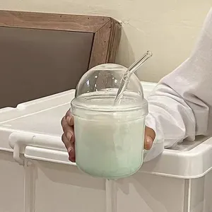 Vinglas i fransk stil värmebeständig glas bobo koppar med halm stor kapacitet klar kaffemjölkvatten tumlare täckning