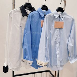 Cartas bordadas camisas de blusa bordadas de mulher azul elegante casual camisa diária tops de manga longa primavera no verão blusas