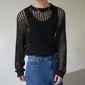 2024 MENS Vintage Loose Smock Tops Summer Fashion All-Match Casual Geometic Hollow Out Outfits See-Though Knit Shirts 240327