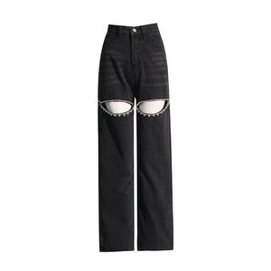 Women'S Jeans Womens Women Fashion Diamonds Splicing Ripped Cut Out Front Love Back Wide Leg 2024 Ins Street Denim Pants Trousers Dro Ottpn