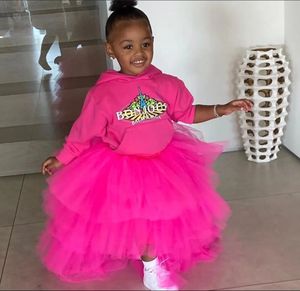 Cute Kids Tutu Skirts High Low Puffy Tiered Tulle Child Long Skirt Pink Chic Flower Girl Dress Custom Made 240328