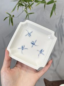 Plates Dehua White Porcelain Hand-painted Small Orchid Square Dim Sum Plate Chinese Heat Insulation Tea Dessert