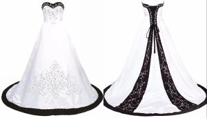 Vestidos clássicos vestido de noiva preto e branco Bordado princesa cetim Uma linha de renda para trás lantejoulas de trem de corte de miçangas