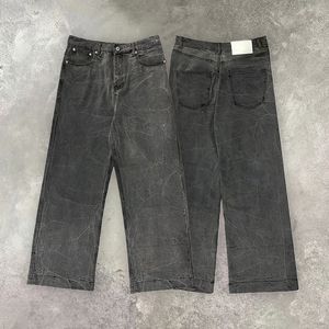 Högkvalitetsmålad tvättade svarta jeans höggata raka elastiska män kvinnor