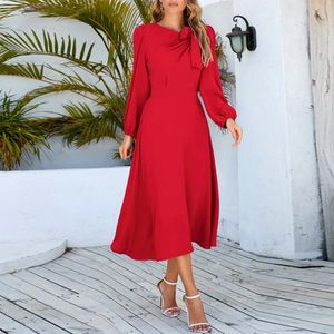 Casual Dresses Elegance Evening Party Formal Long Dress Women Retro Lantern Sleeve Bow Round Neck A-Line High Rise Corset Vestidos