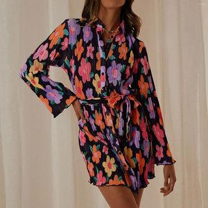 Casual Dresses Printed Mini Shirt Dress for Women Summer TurnDown Collar Long Sleeve Short Ladies Button Lace Up Beach